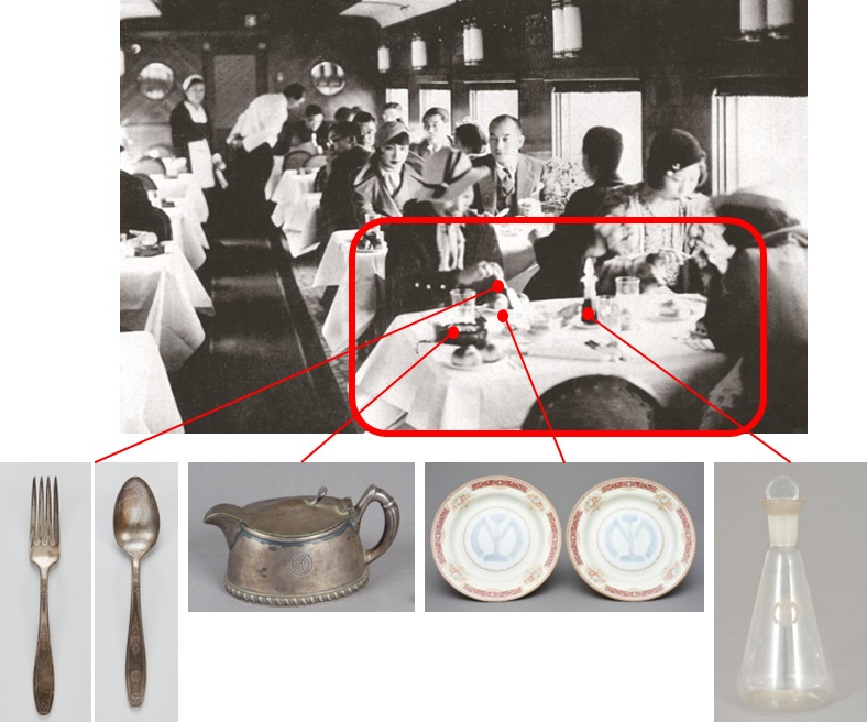 만철 특급열차 아시아 식당칸 사진(1930년대)을 통해 본 식기의 용도 좌측부터 포크, 스푼, 소스보트, 접시, 소스병 공된 양식 및 코스요리용이 가장 많다. 종류별로 보면 접시, 소스보트와 소스병, 스푼, 나이프 등 양식기와 함께 일식에서 사용하는 대접, 종지류 등이 확인된다.